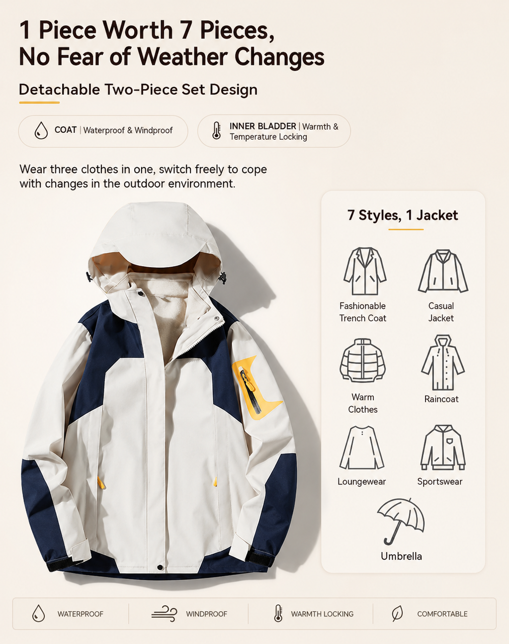 3-in-1 Waterproof Hiking Jacket — Windproof Hooded Outdoor Shell