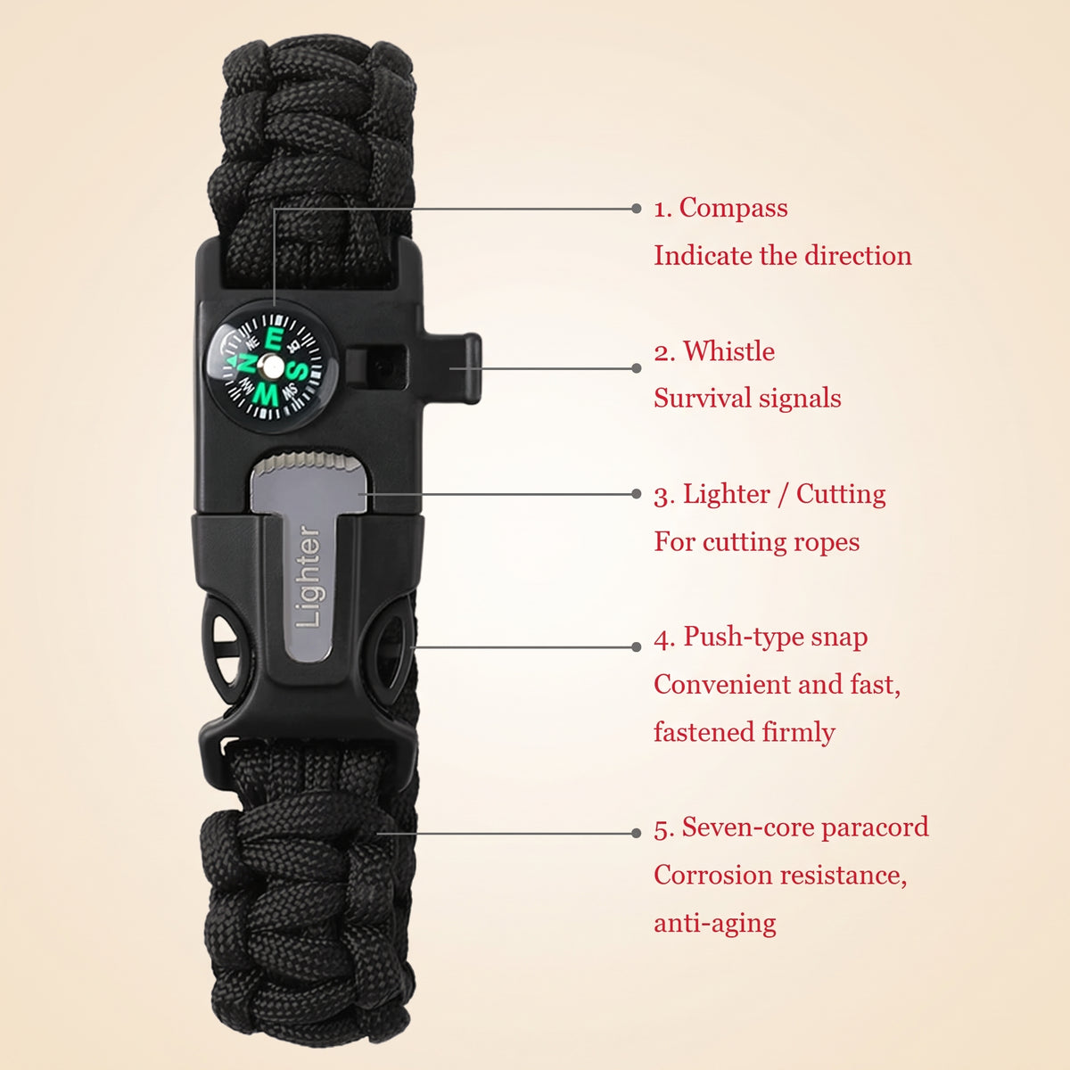 Paracord Survival Bracelet — Compass, Whistle & Thermometer