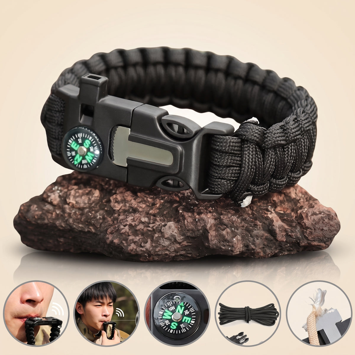 Paracord Survival Bracelet — Compass, Whistle & Thermometer