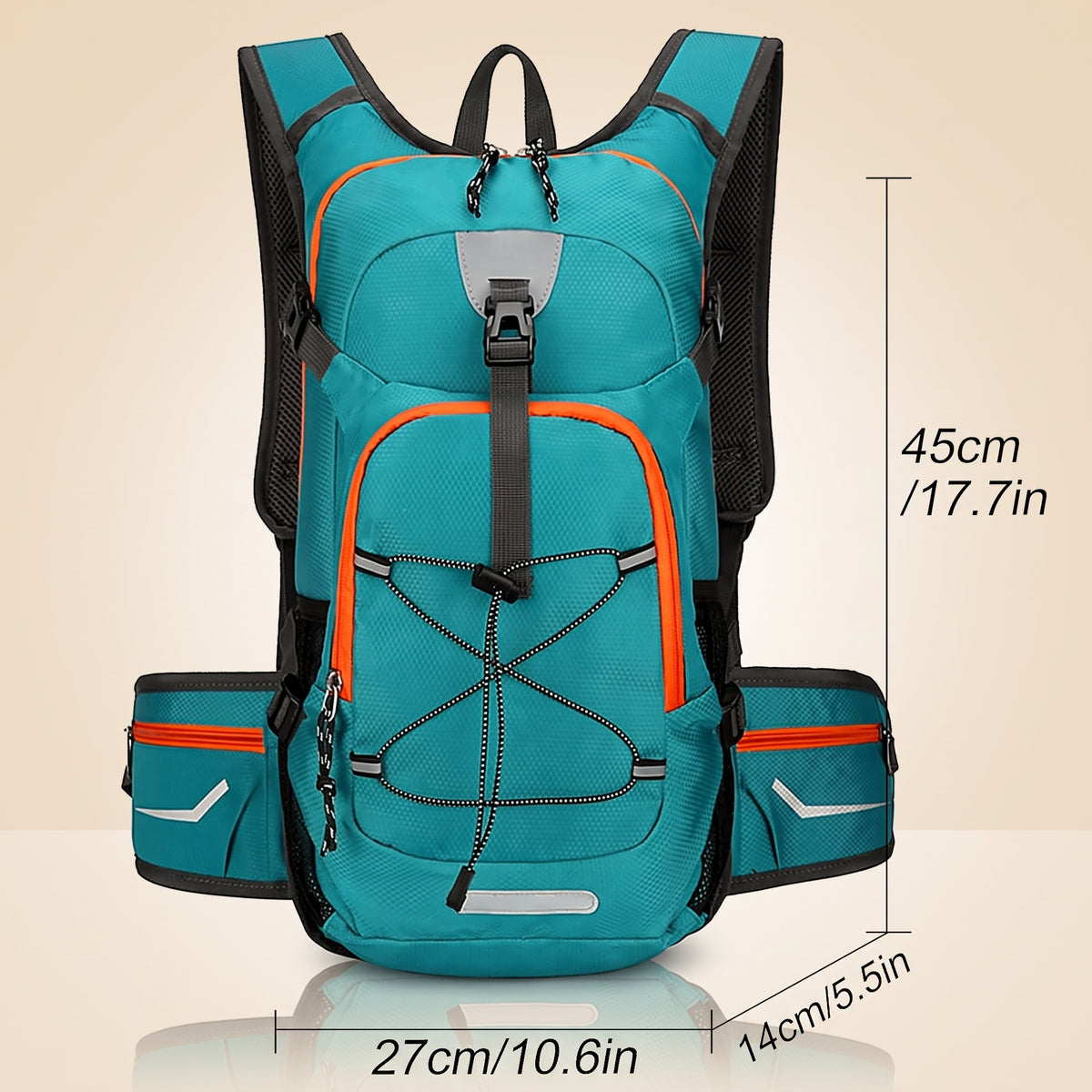 Teal hydration backpack with dimensions 17.7 x 10.6 x 5.5 in (45 x 27 x 14 cm)