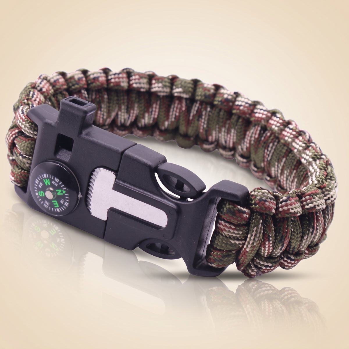 Paracord Survival Bracelet — Compass, Whistle & Thermometer