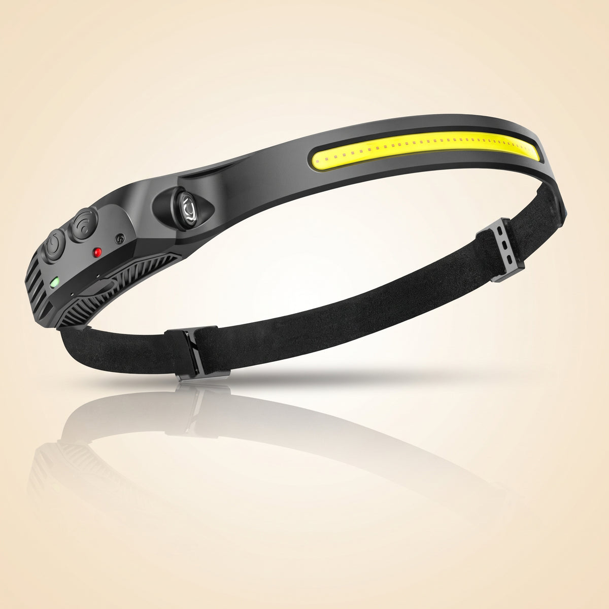 Single COB strip headlamp on a black adjustable headband
