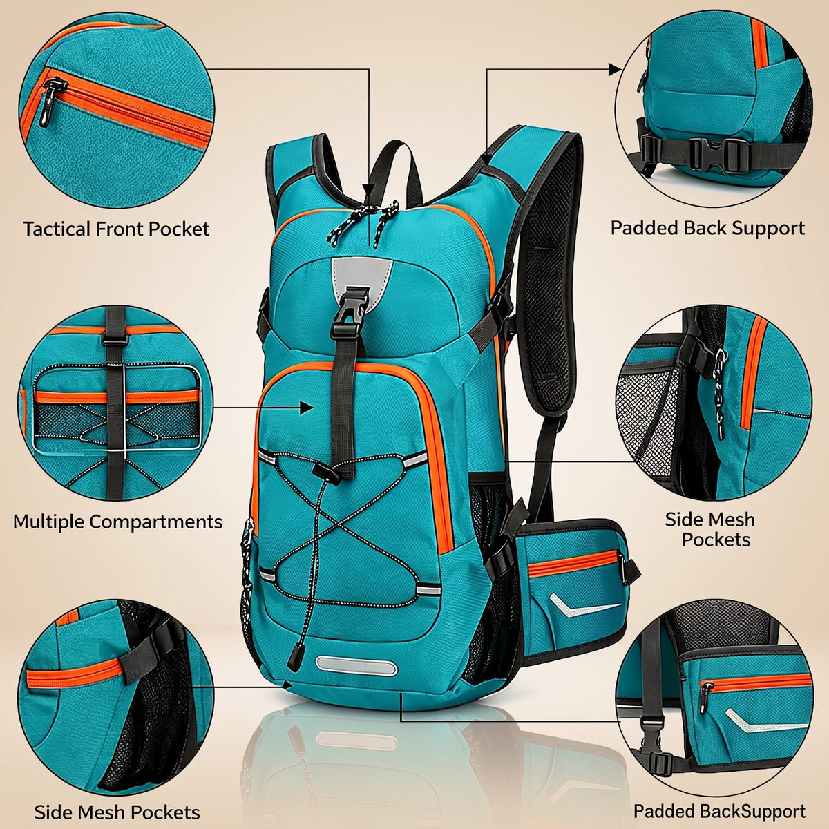 Teal hydration backpack with labeled pockets and padded back