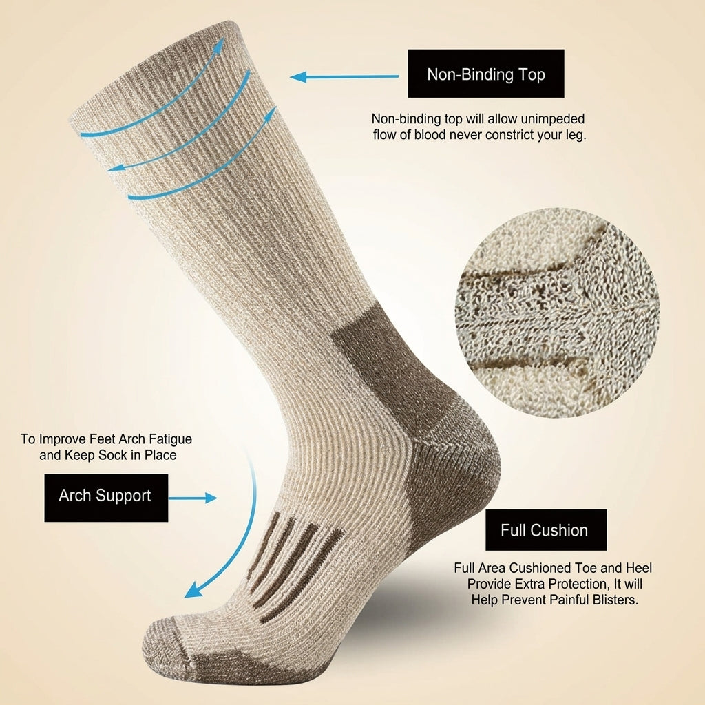 Merino Wool Hiking Socks — 80% Merino, Cushioned Crew