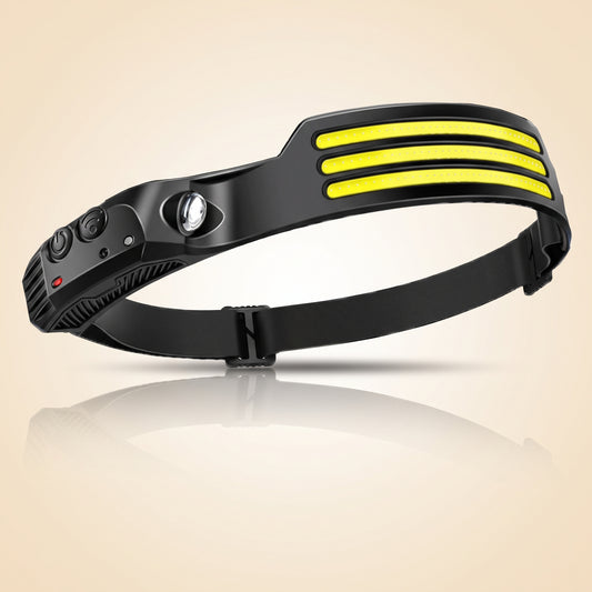 Triple COB strip headlamp on a black elastic headband, with a spot LED and side buttons