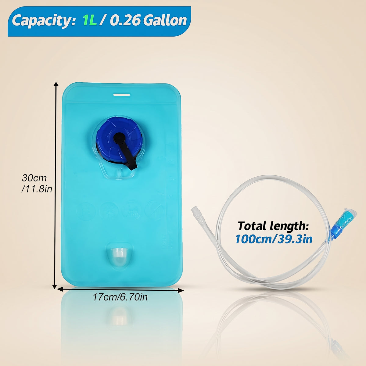 1L hydration bladder, 30 x 17 cm (11.8 x 6.7 in), with a 100 cm (39 in) drink tube