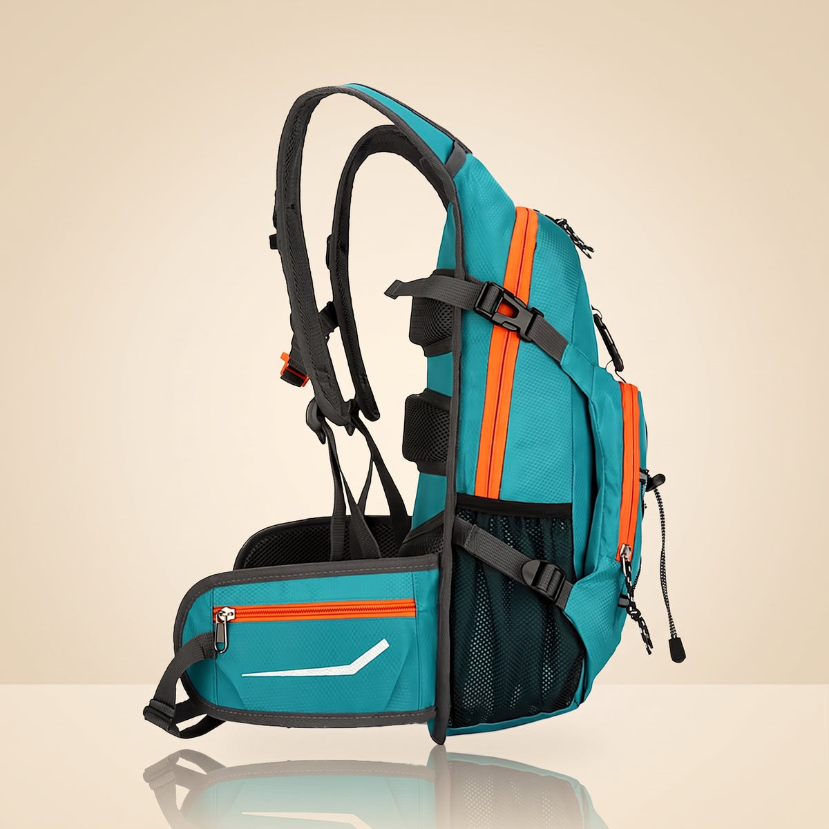 Teal 18L hydration backpack, side view with hip belt