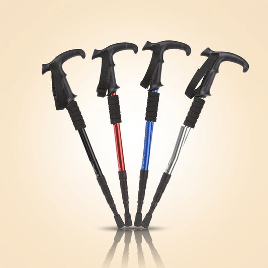 Telescoping trekking poles in black, red, blue and silver with T-handle grips