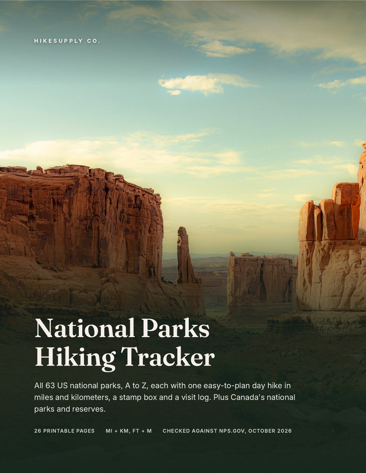 US National Parks Hiking Tracker printable cover with red rock cliffs at Arches National Park